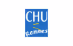Logo bleu avec le texte blanc CHU Rennes et une flèche jaune.