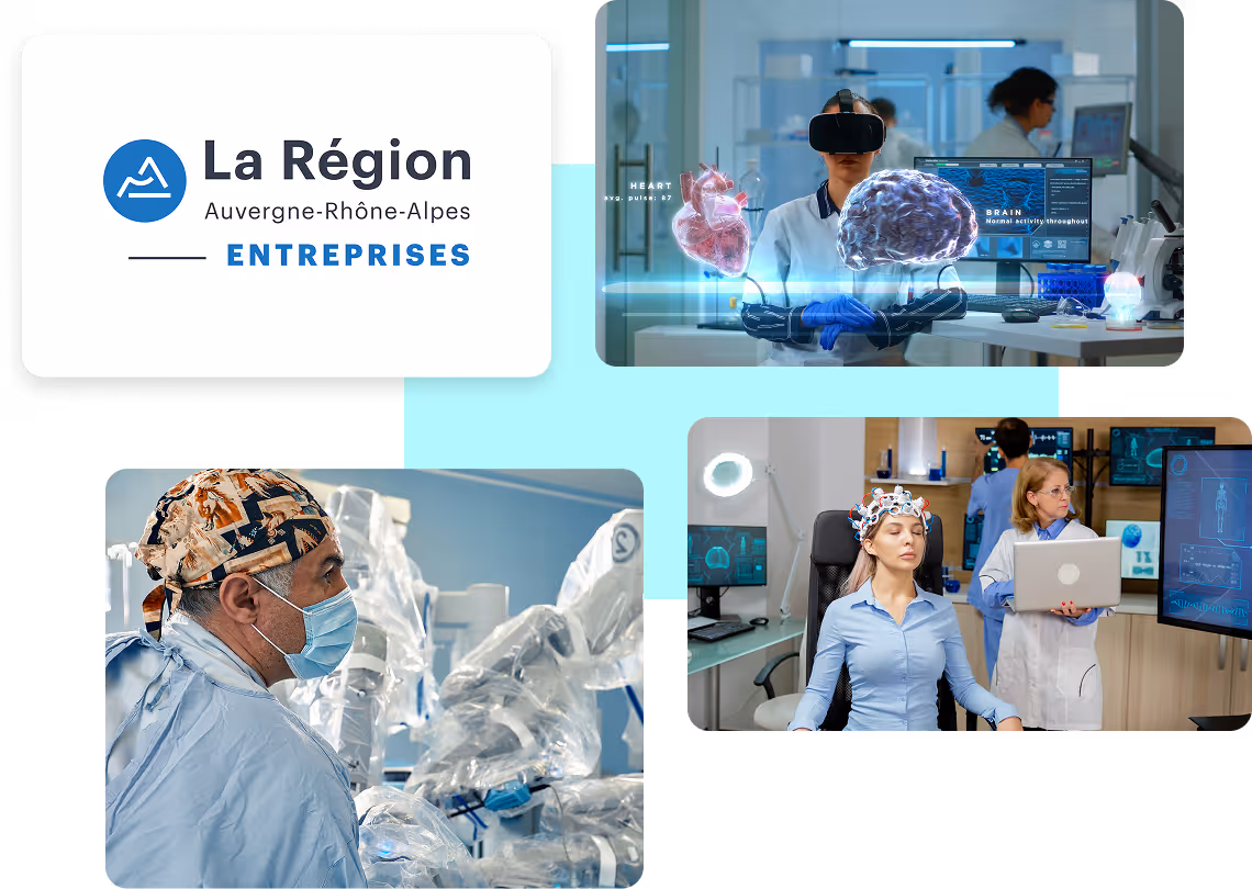 Logo La Région Auvergne-Rhône-Alpes et images de médecine avancée avec réalité virtuelle et chirurgien robotique.