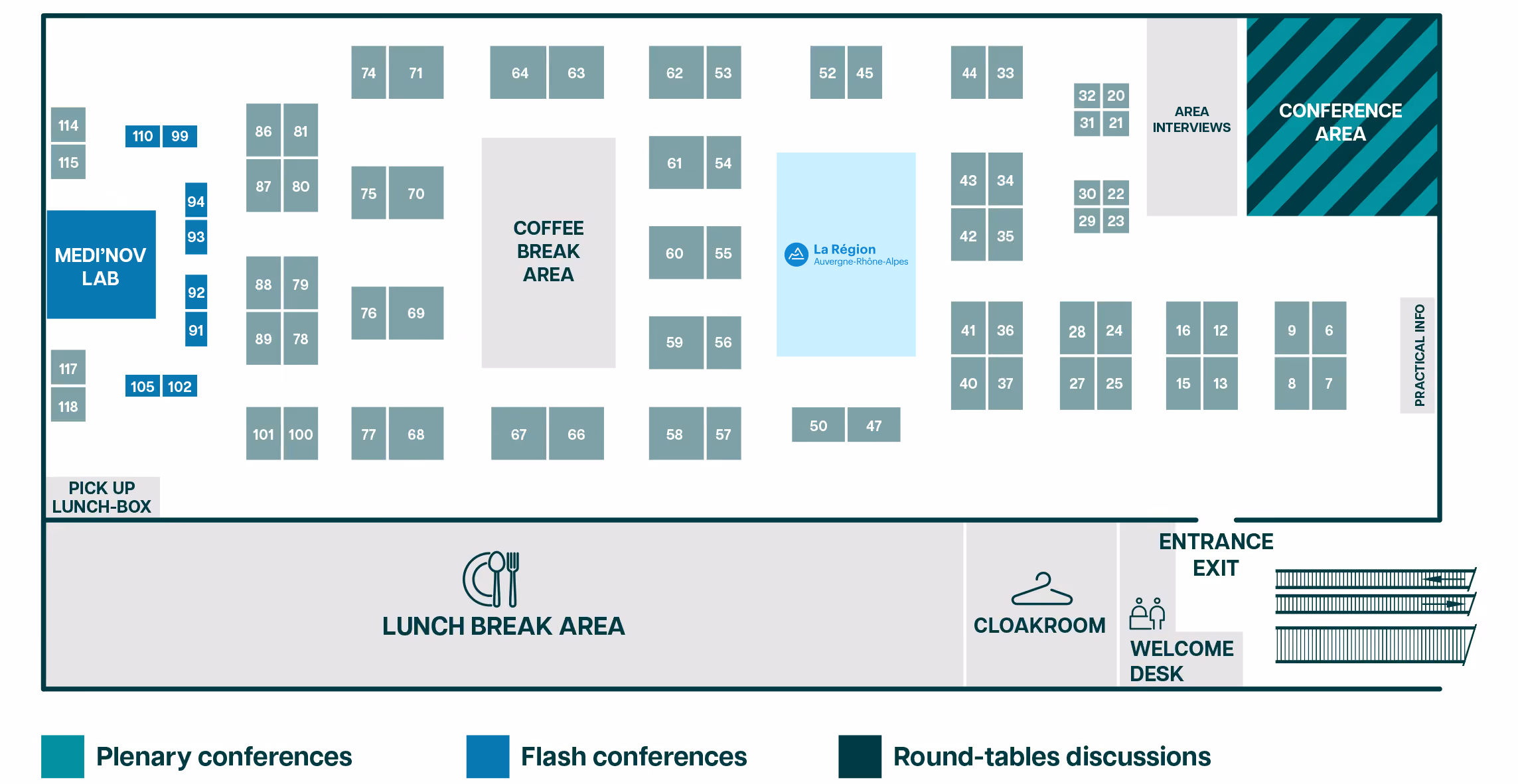 Plan d'un espace d'exposition avec plusieurs stands numérotés répartis autour des zones désignées : Medinov Lab, Coffee Break Area, Lunch Break Area, Conference Area, Area Interviews, Practical Info, Cloakroom, et Welcome Desk, ainsi que des sections pour conférences plénières, conférences flash, et discussions en tables rondes indiquées par une légende colorée.