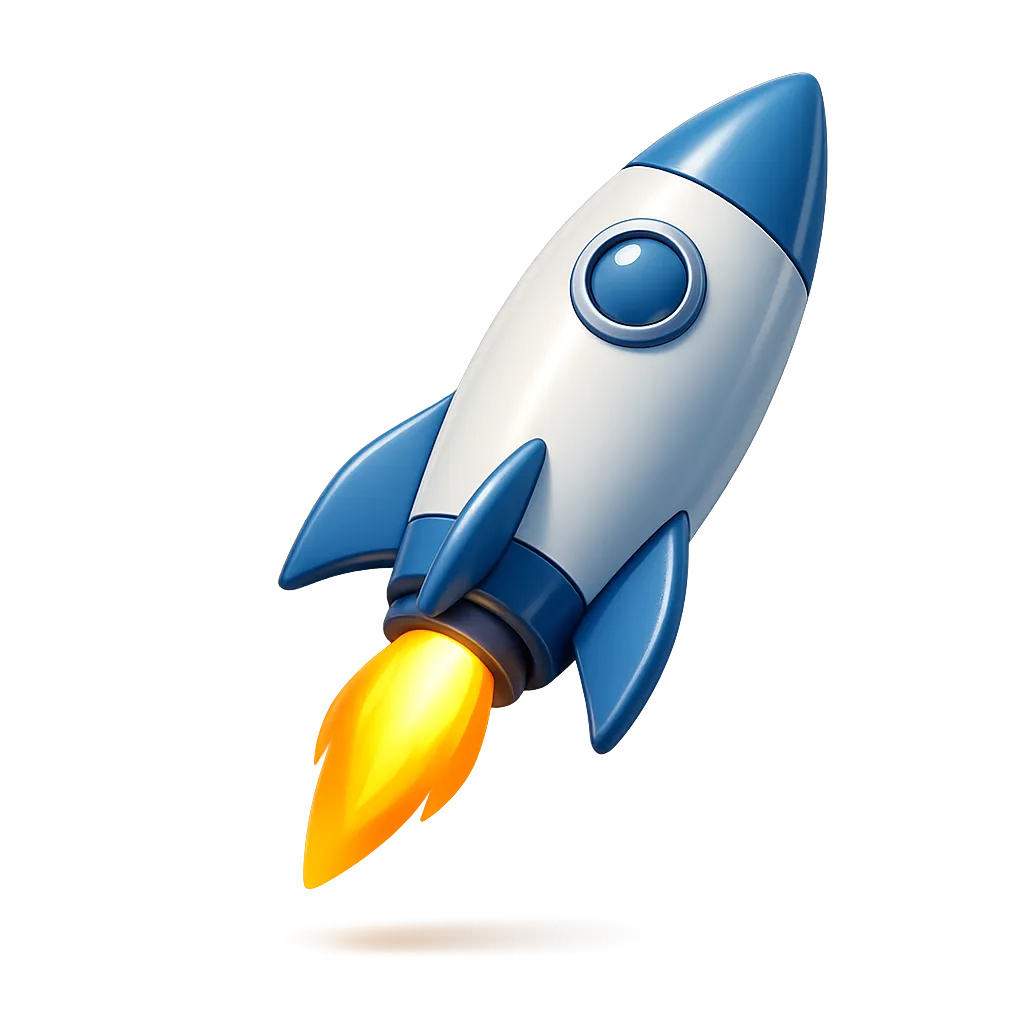 3D-Illustration einer weißen und blauen Rakete mit brennendem Triebwerk.