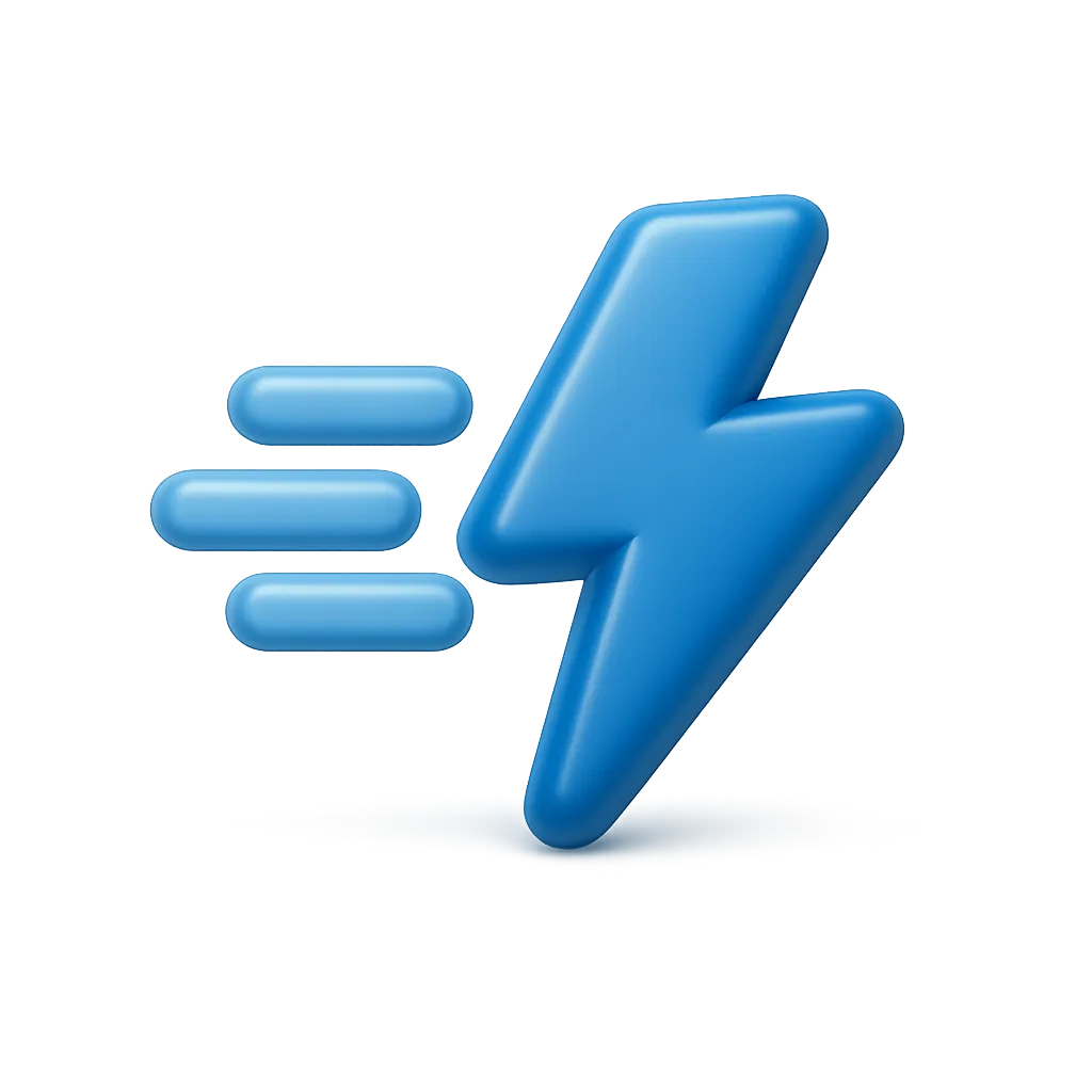 Blaues 3D-Symbol eines Blitzes mit drei horizontalen Balken links als Darstellung von Geschwindigkeit oder Energie.