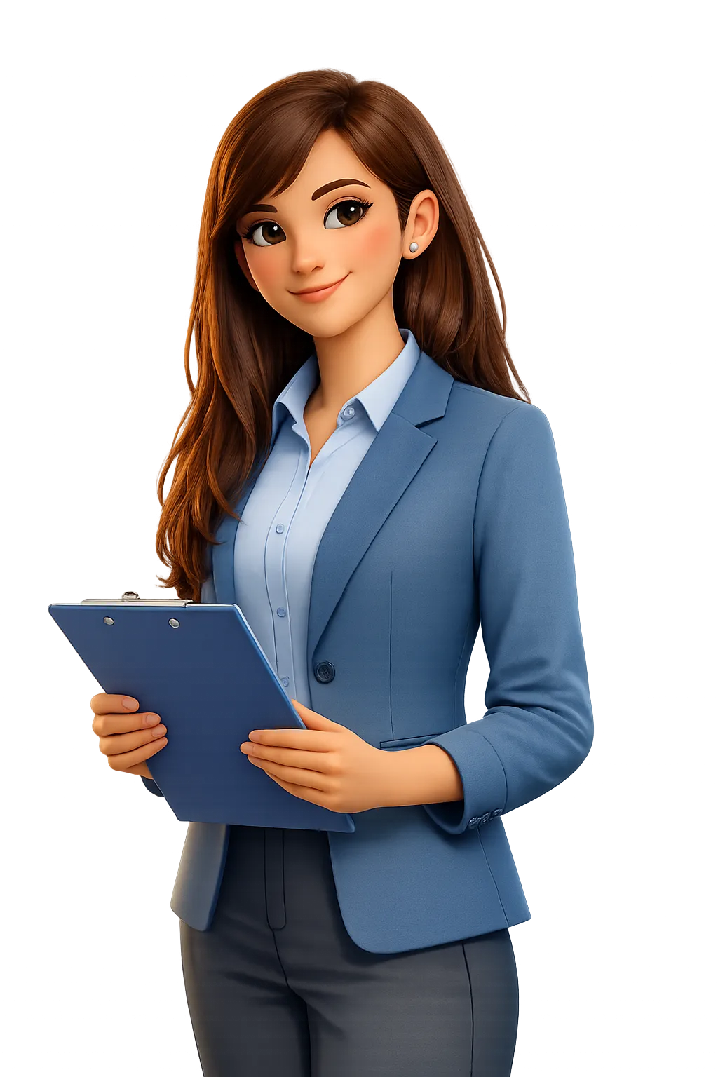 Geschäftsfrau mit braunen Haaren trägt blauen Blazer und hält ein blaues Clipboard.