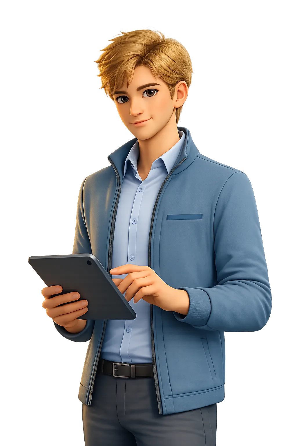 Junger Mann mit blonden Haaren, blaue Jacke und Hemd, der ein Tablet hält und darauf tippt.