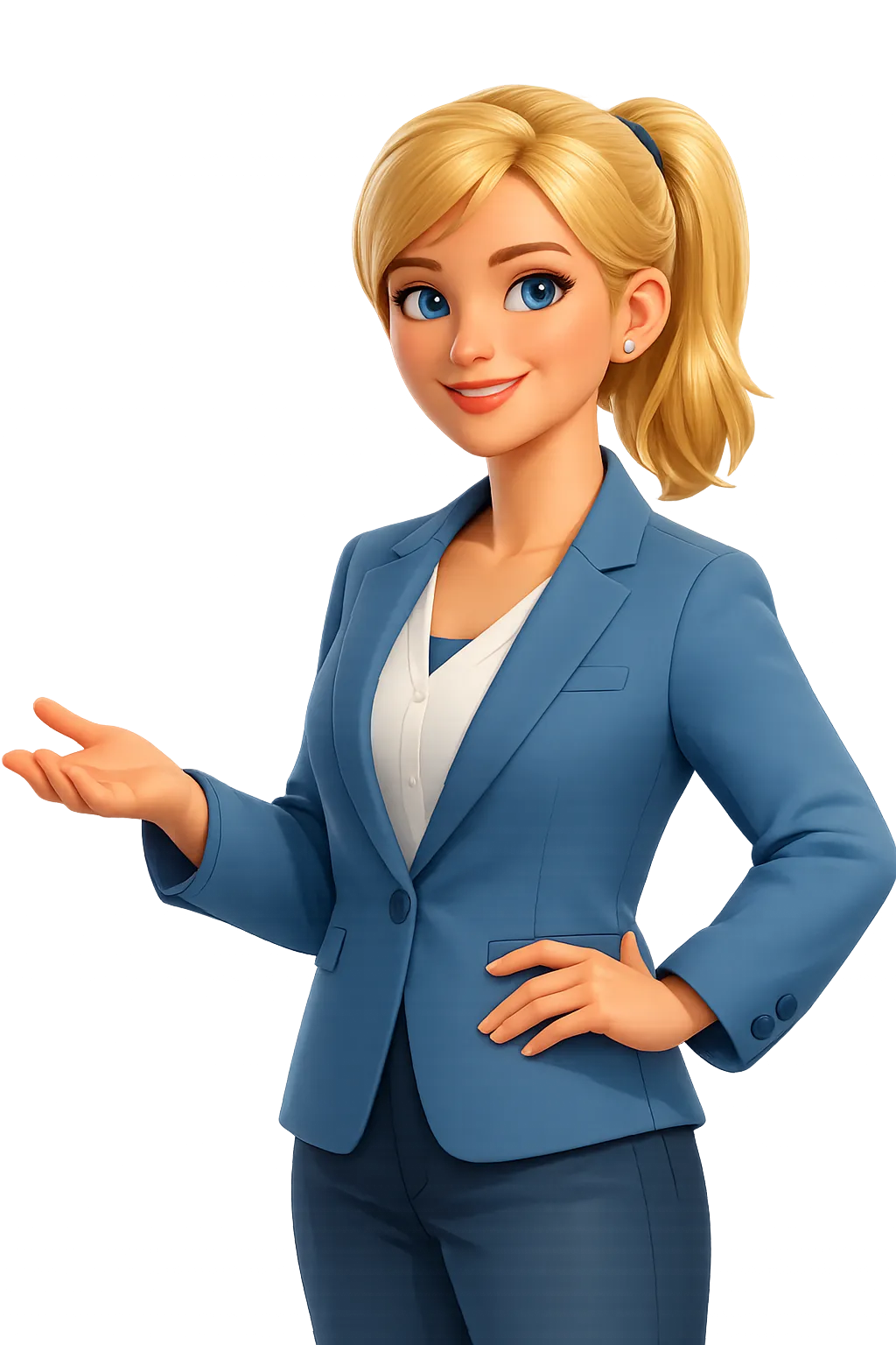 Geschäftsfrau mit blonden Pferdeschwanz, blauem Blazer und weißer Bluse, die lächelnd eine Hand ausstreckt.