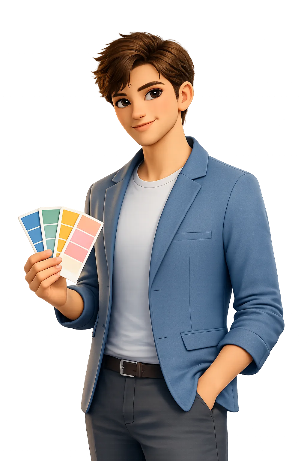 Junger Mann mit blauem Sakko hält verschiedene Farbfächer in der Hand vor verschwommenem Hintergrund.