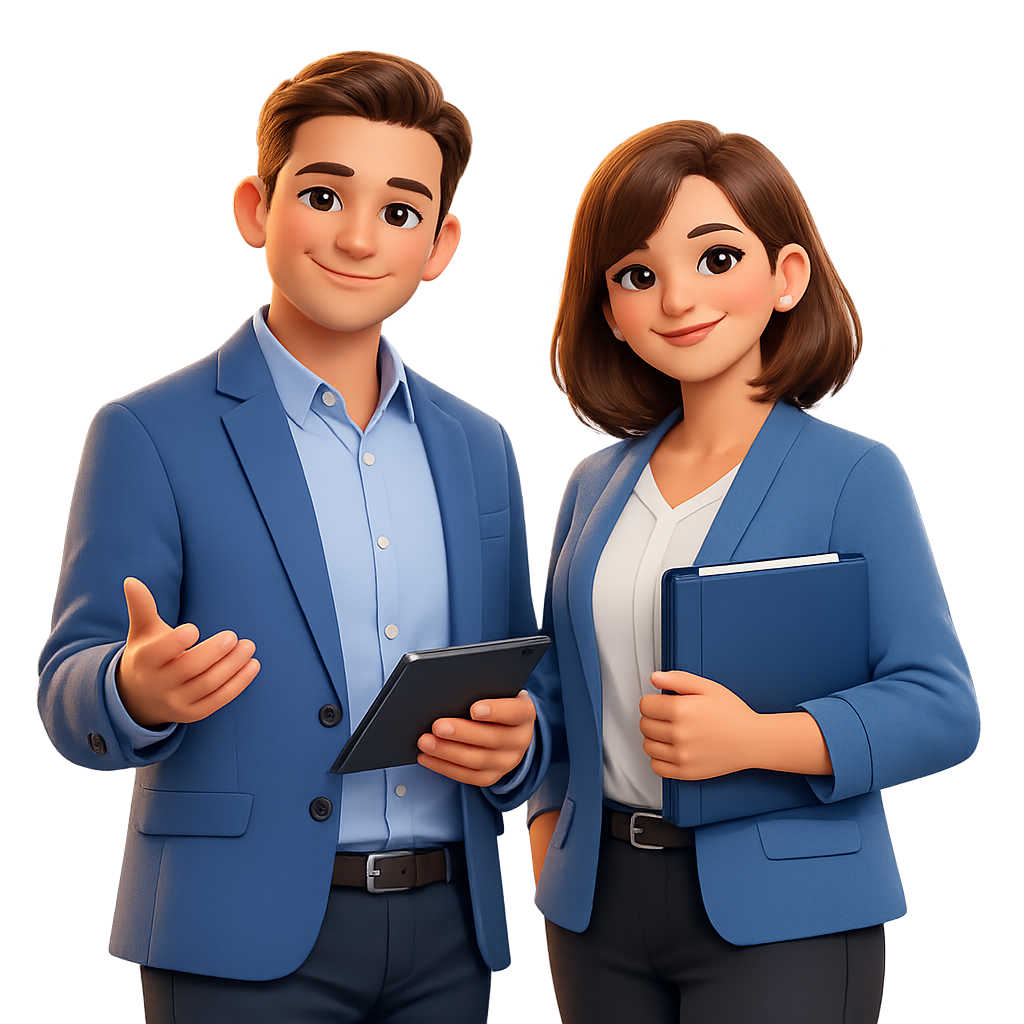 Zwei lächelnde Geschäftspersonen in blauen Blazern, einer hält ein Tablet, die andere eine Akte.