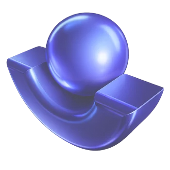 Glossy blue 3D sphere resting on a curved abstract base with two side blocks