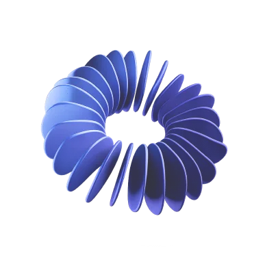 Blue 3D spiral ring made of layered curved blades forming a circular shape