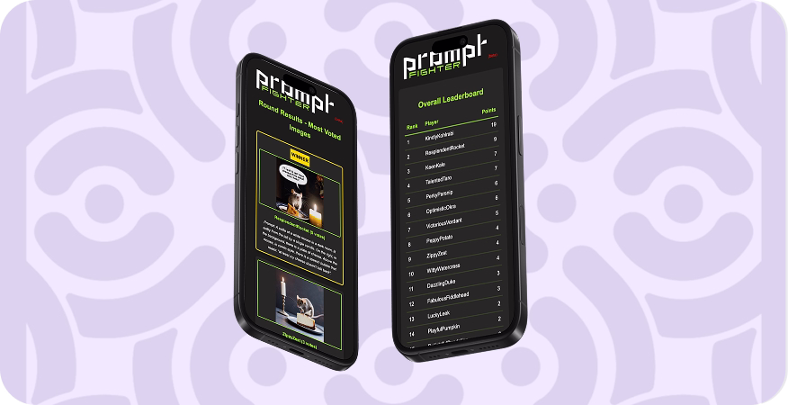 Deux smartphones affichant des classements et résultats dans une application nommée Prompt Fighter sur fond violet avec motifs abstraits.