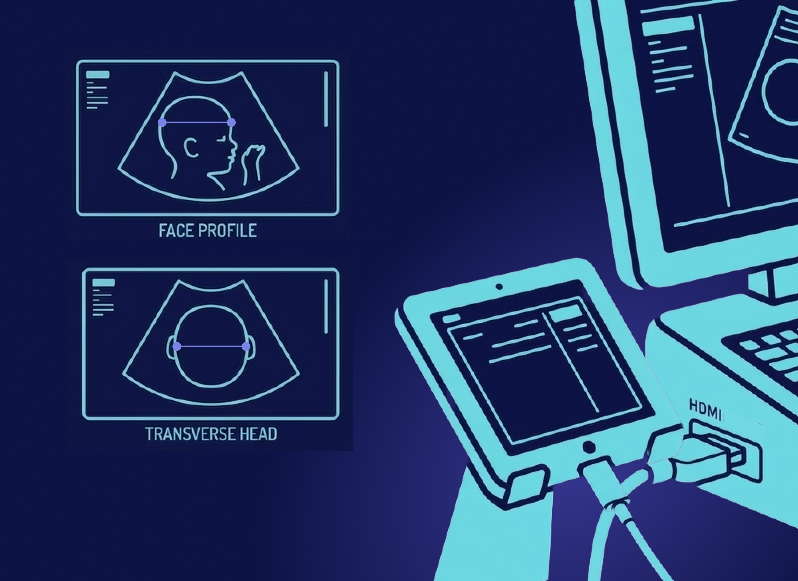 Illustration of ultrasound screens showing fetus face profile and transverse head views, connected to a device with HDMI input.
