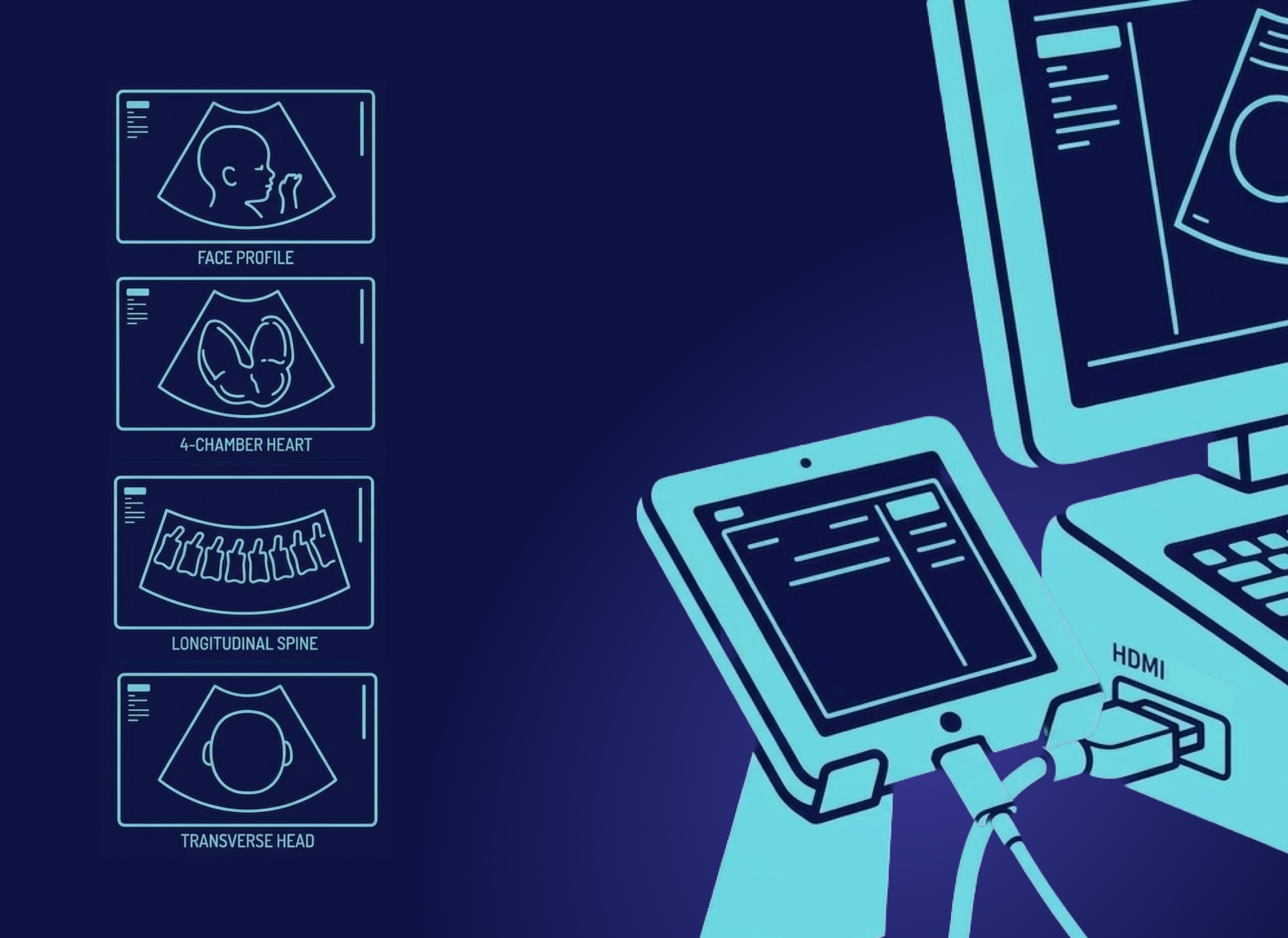 Illustration of a medical tablet connected via HDMI to a larger monitor displaying ultrasound scan types: face profile, 4-chamber heart, longitudinal spine, and transverse head.