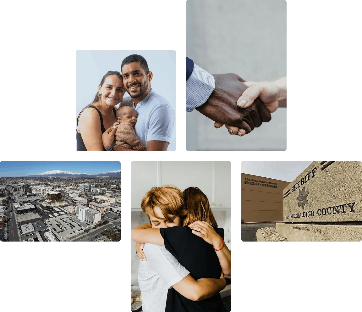 Collage of five images: smiling family with baby, handshake between diverse individuals, aerial view of a city with mountains, two people hugging indoors, and San Bernardino County Sheriff building sign.