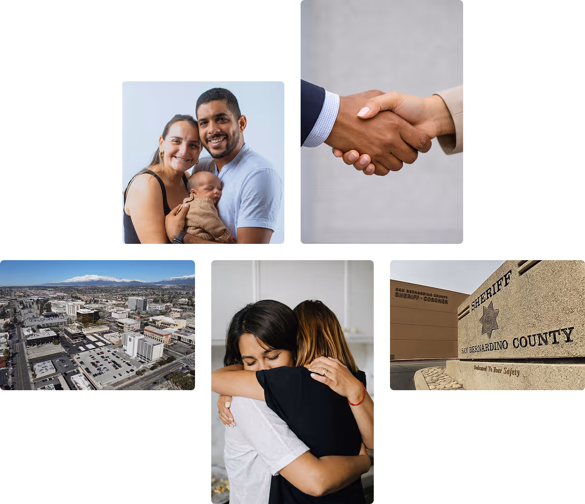Collage of five images: smiling family with baby, handshake between diverse individuals, aerial view of a city with mountains, two people hugging indoors, and San Bernardino County Sheriff building sign.