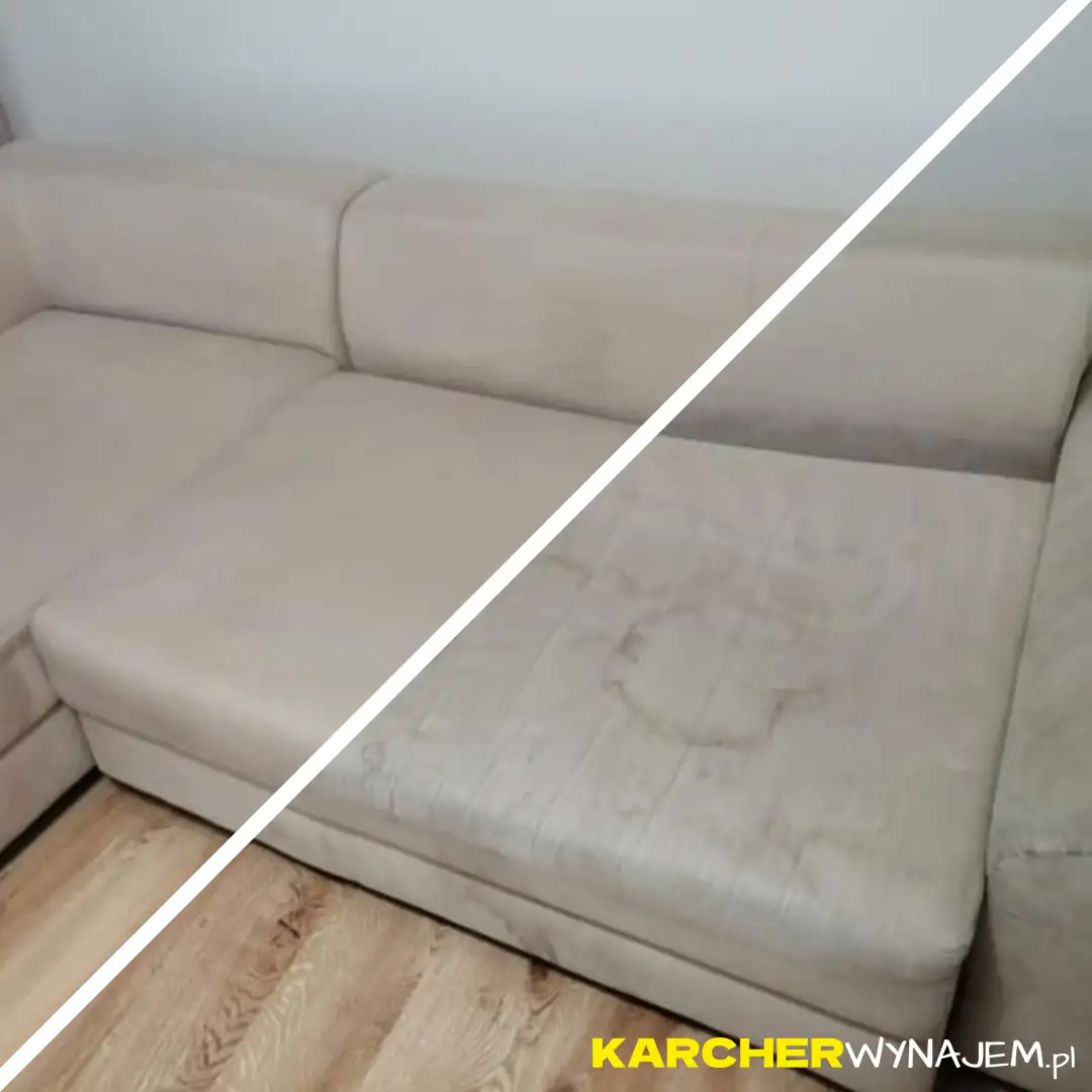 Profesjonalne pranie kanapy narożnej Karcherem w Poznaniu – porównanie efektu przed i po usunięciu plam z jasnej tapicerki