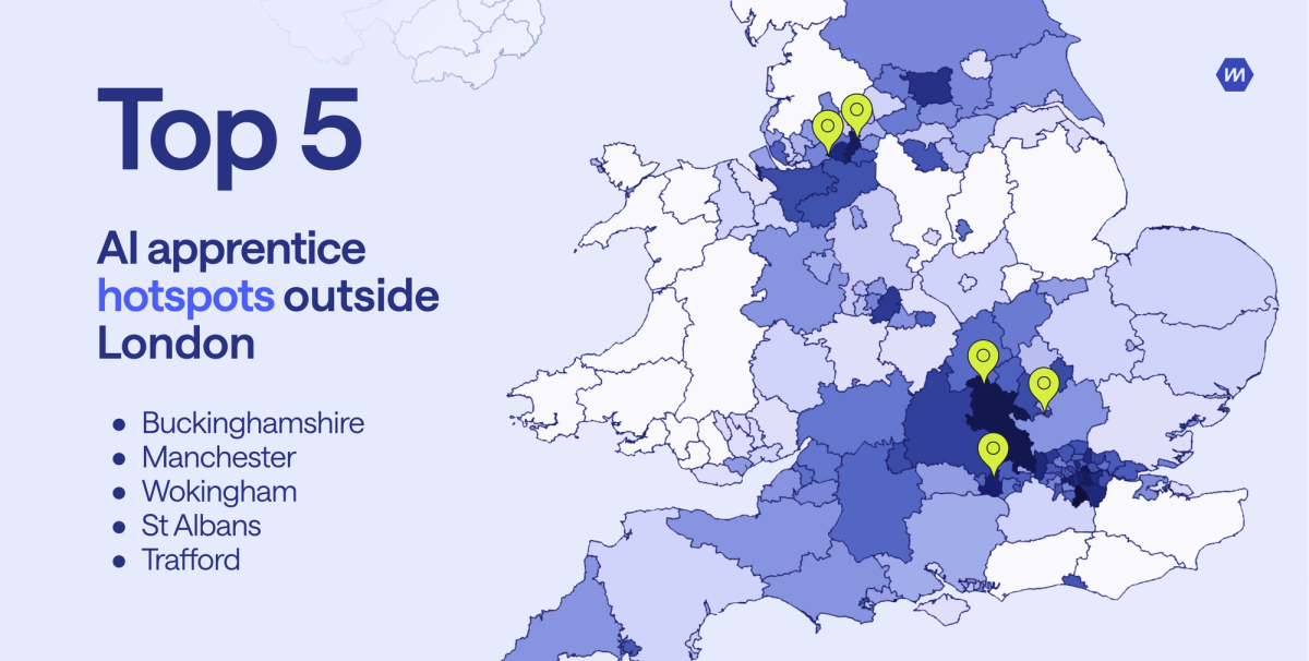 A map showing the top five AI apprentice hotspots outside of London: Buckinghamshire, Manchester, Wokingham, St Albans, Trafford