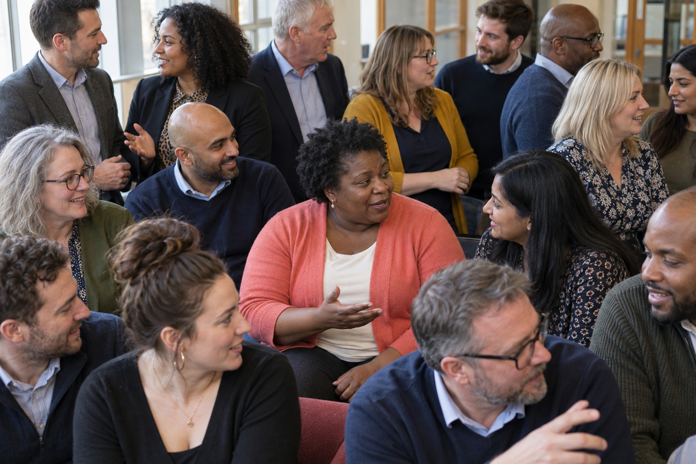 A diverse group of colleagues in a bright meeting space, smiling and talking, with a woman in a coral cardigan speaking at the centre