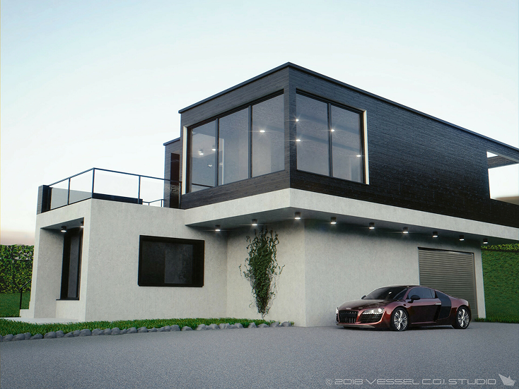 Modern two-story house with large windows, rooftop terrace, and a dark red sports car parked in front of a garage.