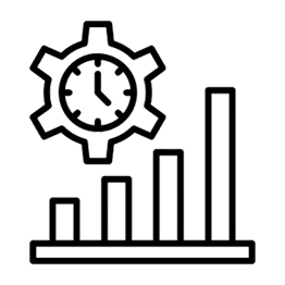 Bar chart with four increasing bars and a gear with a clock face inside above it.