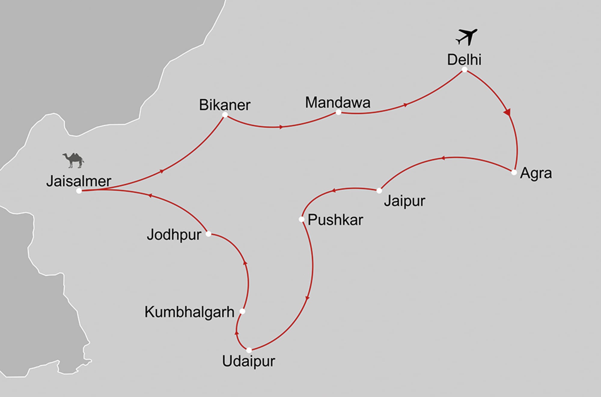 Klassisches Indien ab Delhi: _Karte_indien-klassisches-indien_copyright: Stepmap, 123map-2013 Daten: OpenStreetMap, Lizenz ODbL 1.0