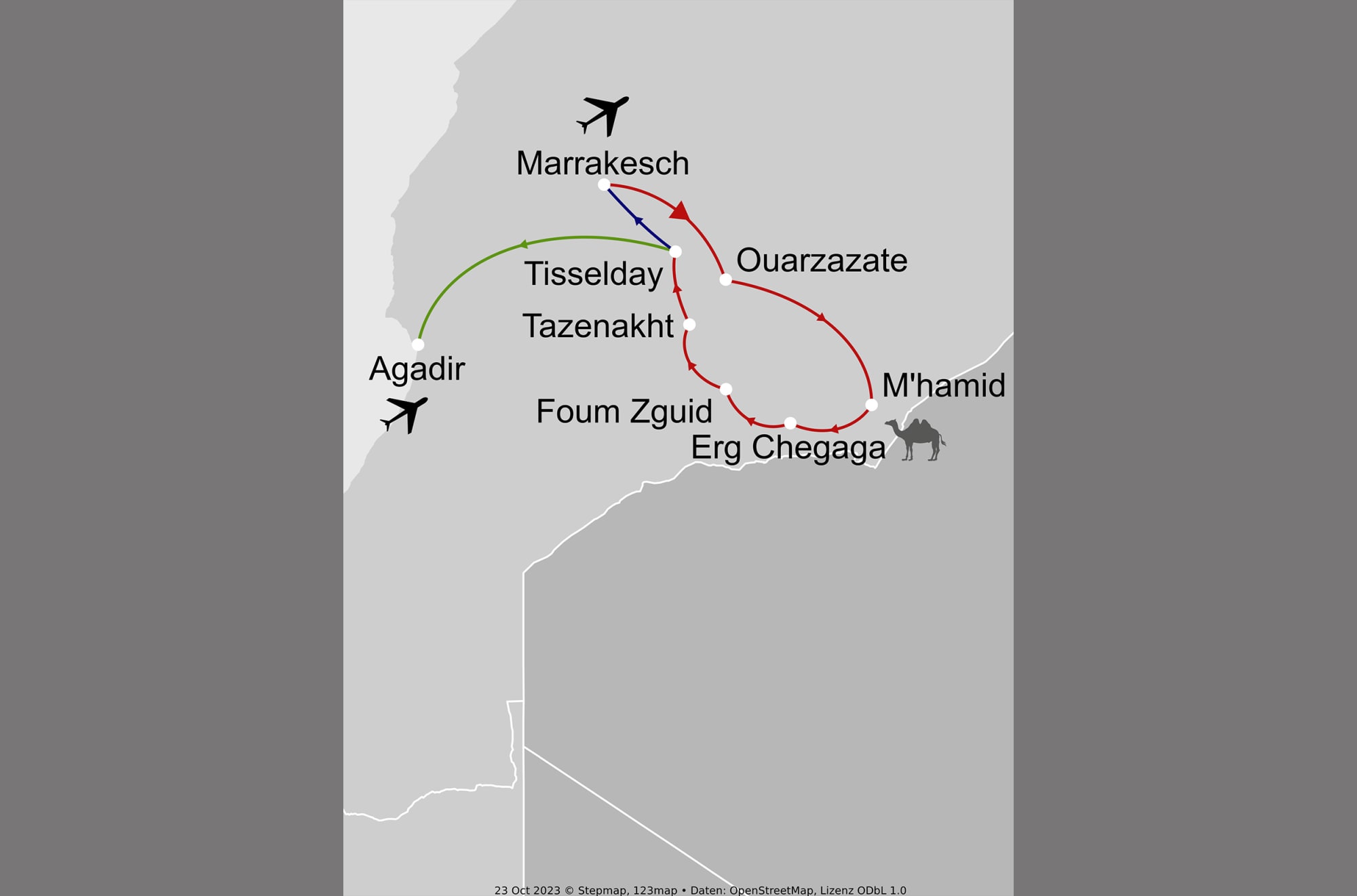 Wüstenzauber II ab Marrakesch: _Karte_Marokko-wuestenzauber-zwei_copyright: Stepmap, 123map-2013 Daten: OpenStreetMap, Lizenz ODbL 1.0