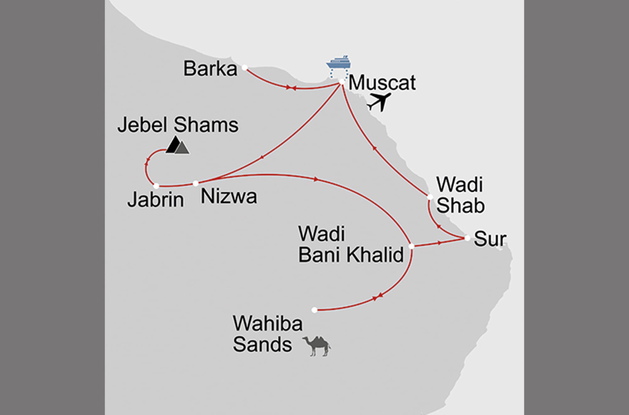 Klassischer Oman ab Muscat: _Karte_oman-klassischer-oman_copyright: Stepmap, 123map-2013 Daten: OpenStreetMap, Lizenz ODbL 1.0