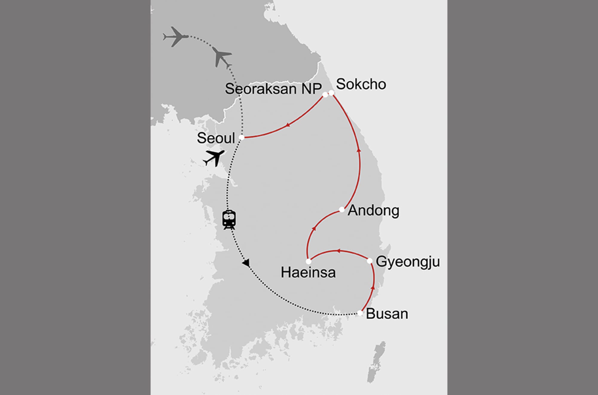 Höhepunkte im Land der Morgenstille ohne Flug ab Seoul: _Karte-suedkorea-hoehepunkte-im-land-der-morgenstille_copyright: Stepmap, 123map-2013 Daten: OpenStreetMap, Lizenz ODbL 1.0