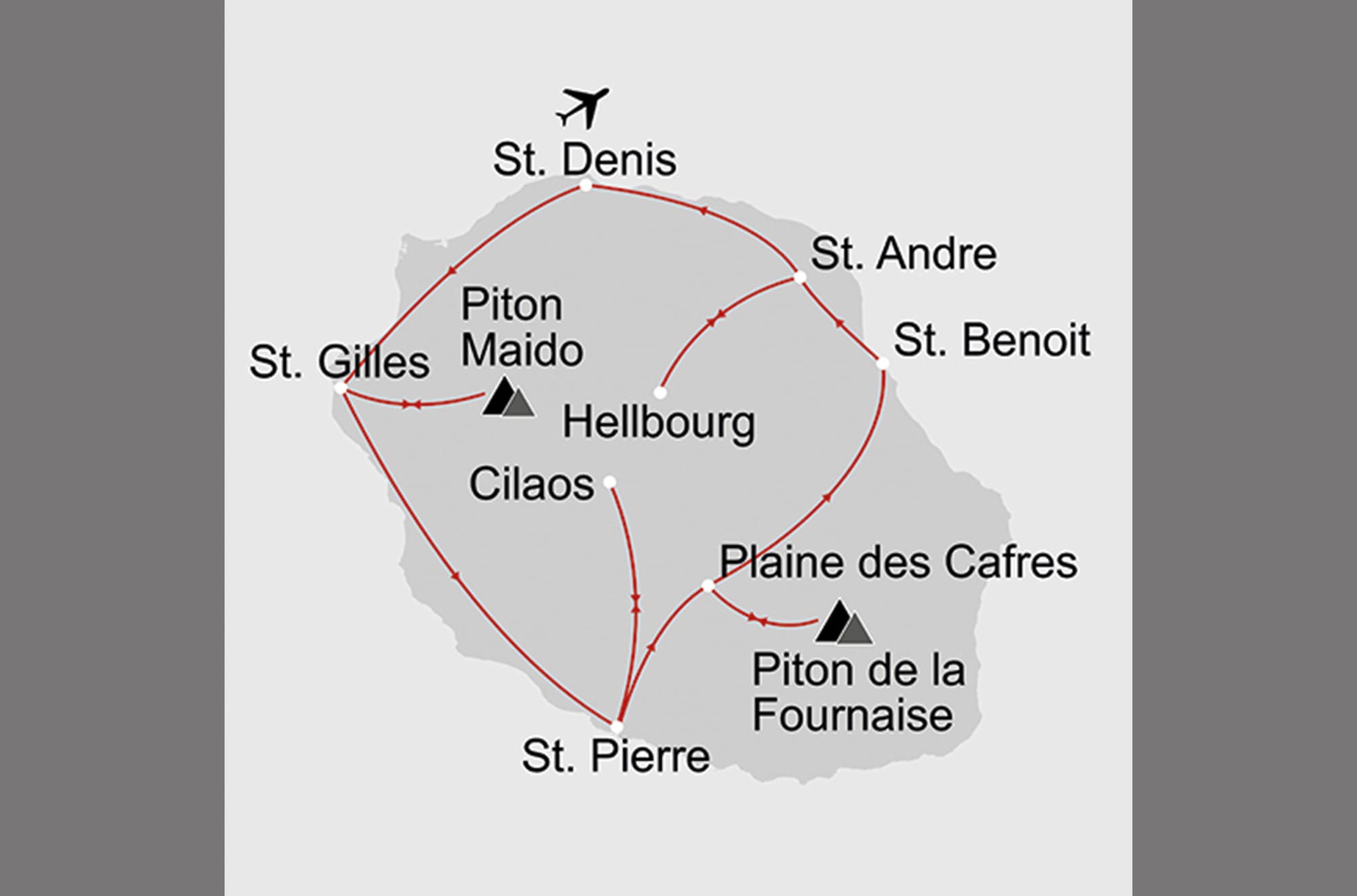 Höhepunkte La Réunion ab Küstenregion: _Karte_reunion-hoehepunkte-la-reunion_copyright: Stepmap, 123map-2013 Daten: OpenStreetMap, Lizenz ODbL 1.0