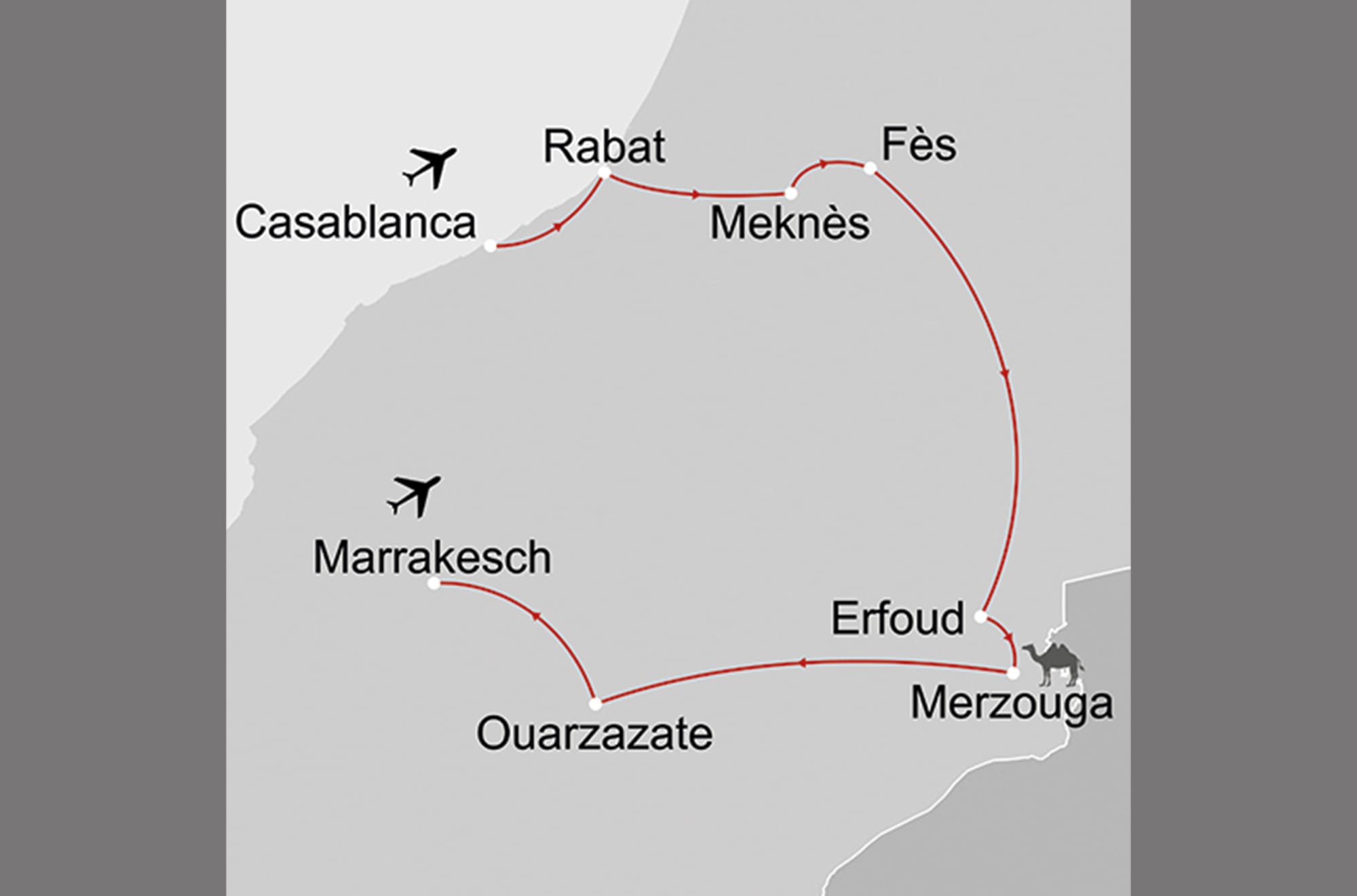 Marokko für Genießer: Die Glanzlichter des Königreichs ab Casablanca: _Karte_Marokko-marokko-fuer-geniesser-glanzlichter_copyright: Stepmap, 123map-2013 Daten: OpenStreetMap, Lizenz ODbL 1.0