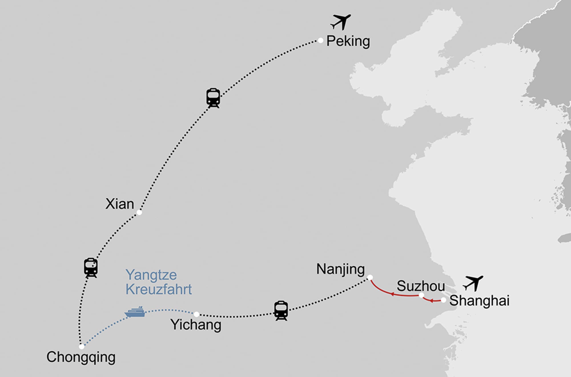 Höhepunkte Chinas mit Yangtze-Kreuzfahrt ab Shanghai: _Karte_china-klassisches-china-mit-yangtze_copyright: Stepmap, 123map-2013 Daten: OpenStreetMap, Lizenz ODbL 1.0
