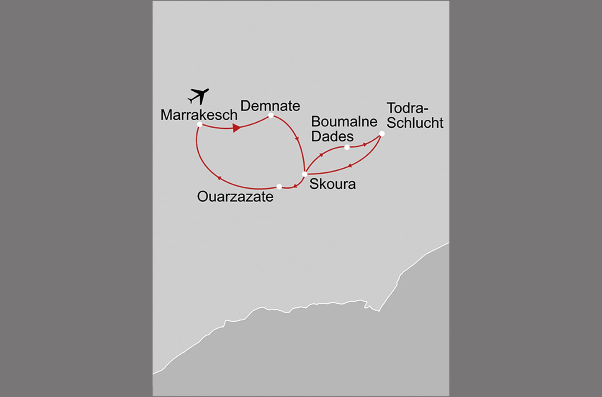 Hoher Atlas & tiefe Schluchten ab Marrakesch: _Karte_Marokko-hoher-atlas-tiefe-schluchten_copyright: Stepmap, 123map-2013 Daten: OpenStreetMap, Lizenz ODbL 1.0