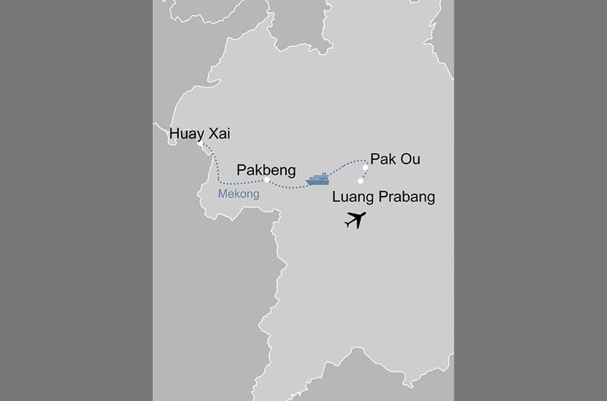 Flusskreuzfahrt Grand Cruise von Laos bis Thailand ab Luang Prabang: _Karte_laos-flusskreuzfahrt-grand-cruise_copyright: Stepmap, 123map-2013 Daten: OpenStreetMap, Lizenz ODbL 1.0
