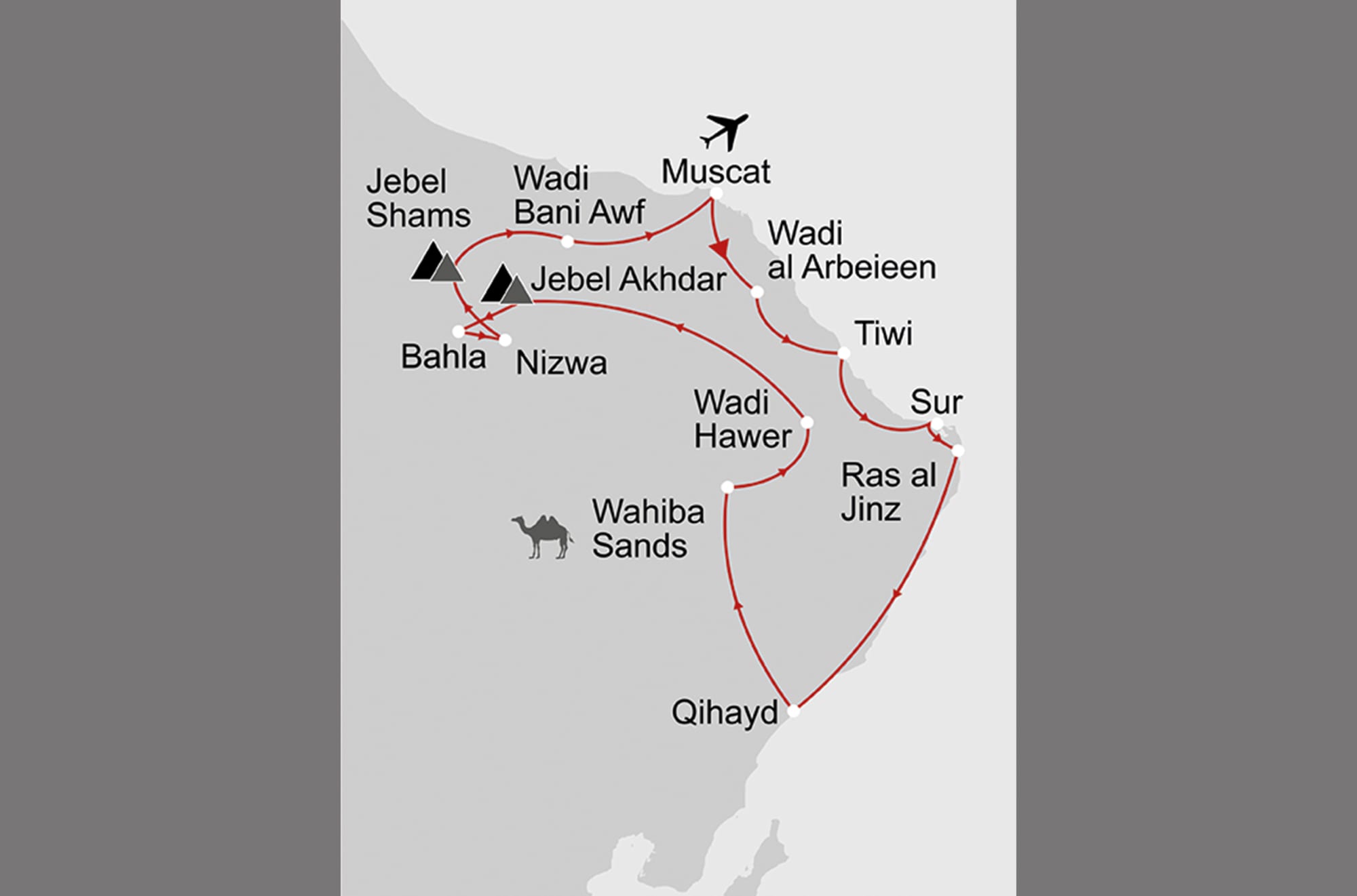 Offroadtour: Oman mal anders ab Muscat: _Karte_oman-offroadtour-mal-anders_copyright: Stepmap, 123map-2013 Daten: OpenStreetMap, Lizenz ODbL 1.0