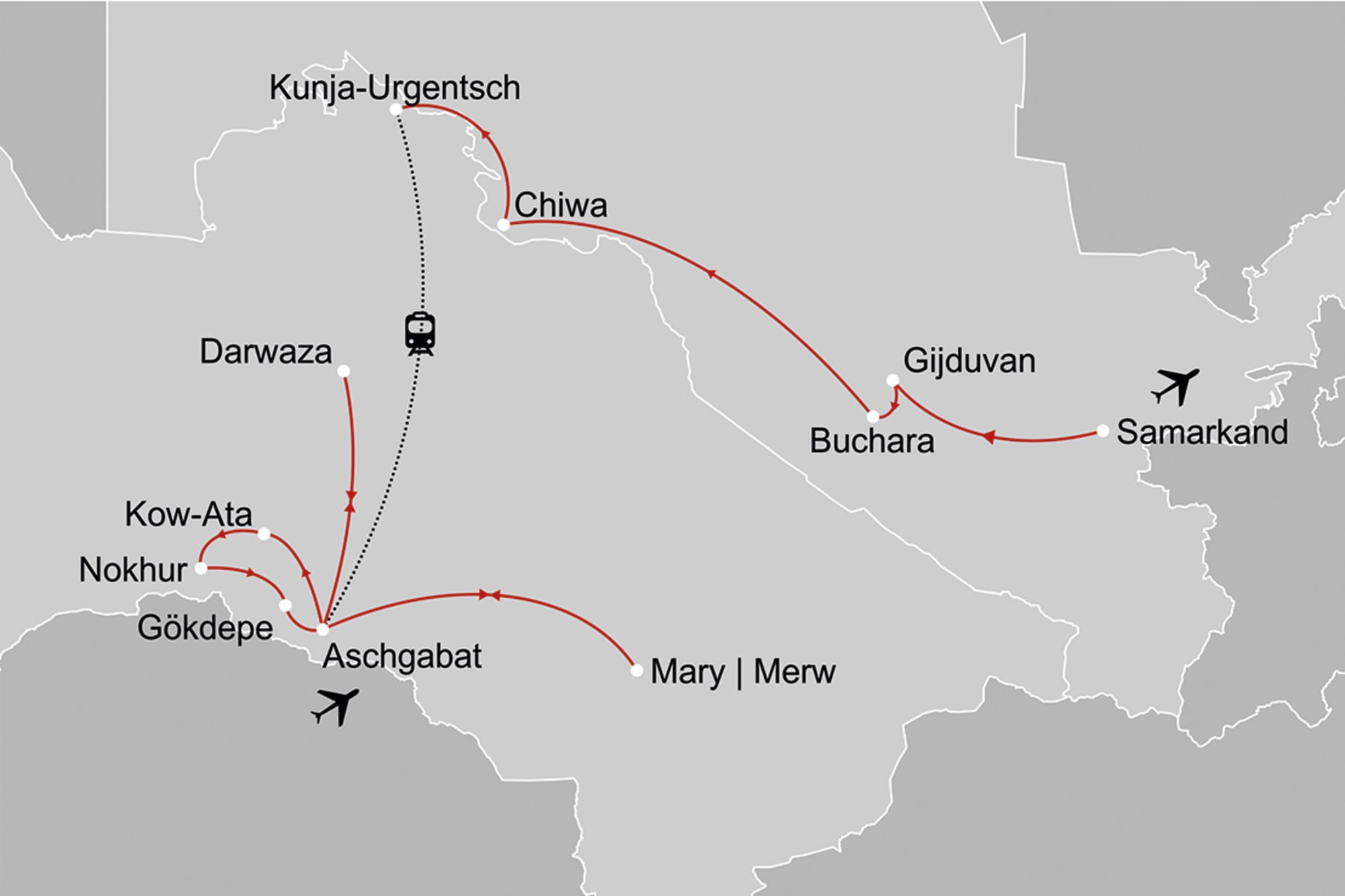 Reise ins Herz der Seidenstraße ab Taschkent: _Karte-usbekistan-turkmenistan-reise-ins-herz-der-seidenstrasse__copyright: Stepmap, 123map-2013 Daten: OpenStreetMap, Lizenz ODbL 1.0