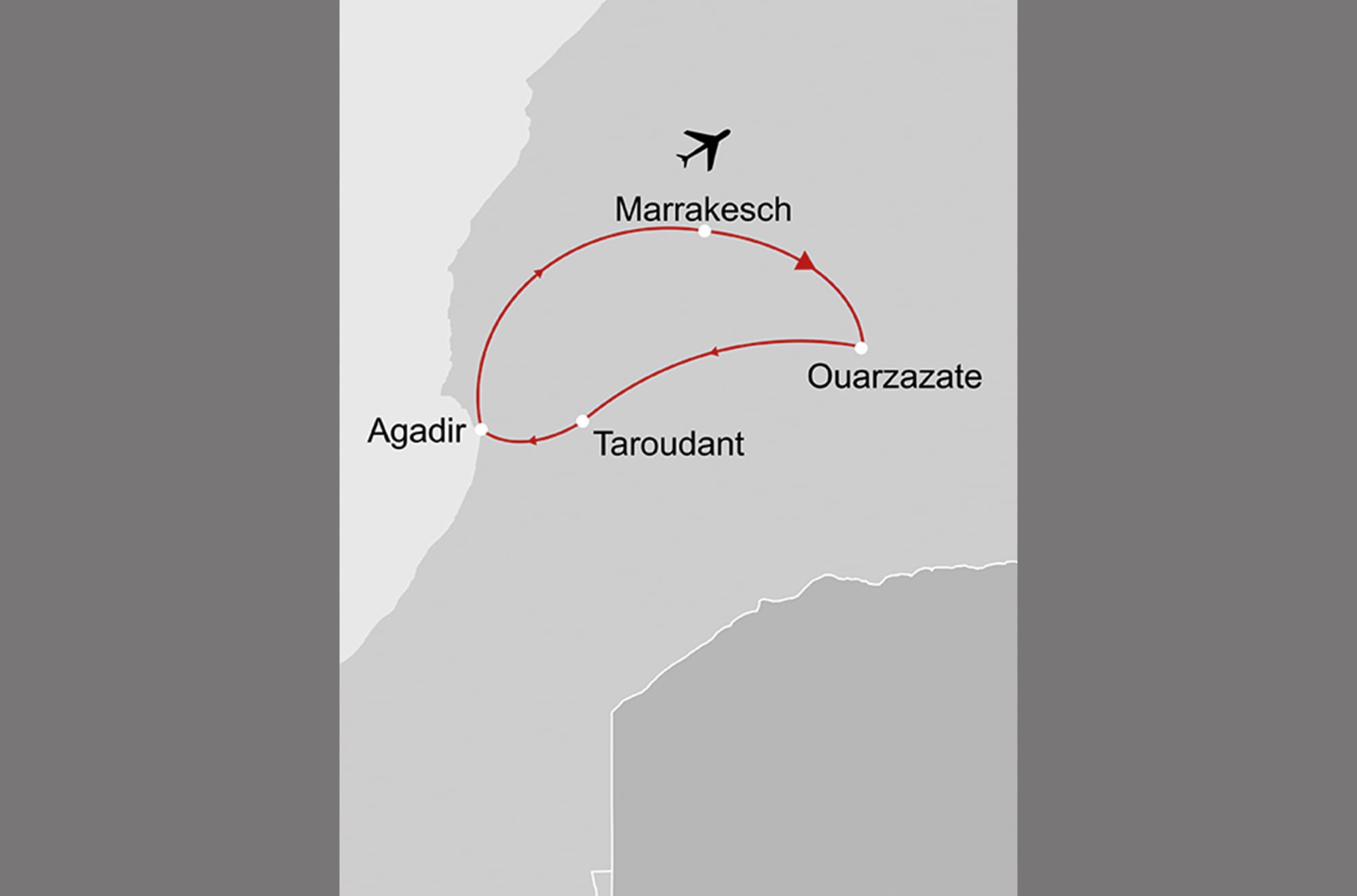 Kurztrip Süden ab Marrakesch: _Karte_Marokko-kurztrip-sueden_copyright: Stepmap, 123map-2013 Daten: OpenStreetMap, Lizenz ODbL 1.0