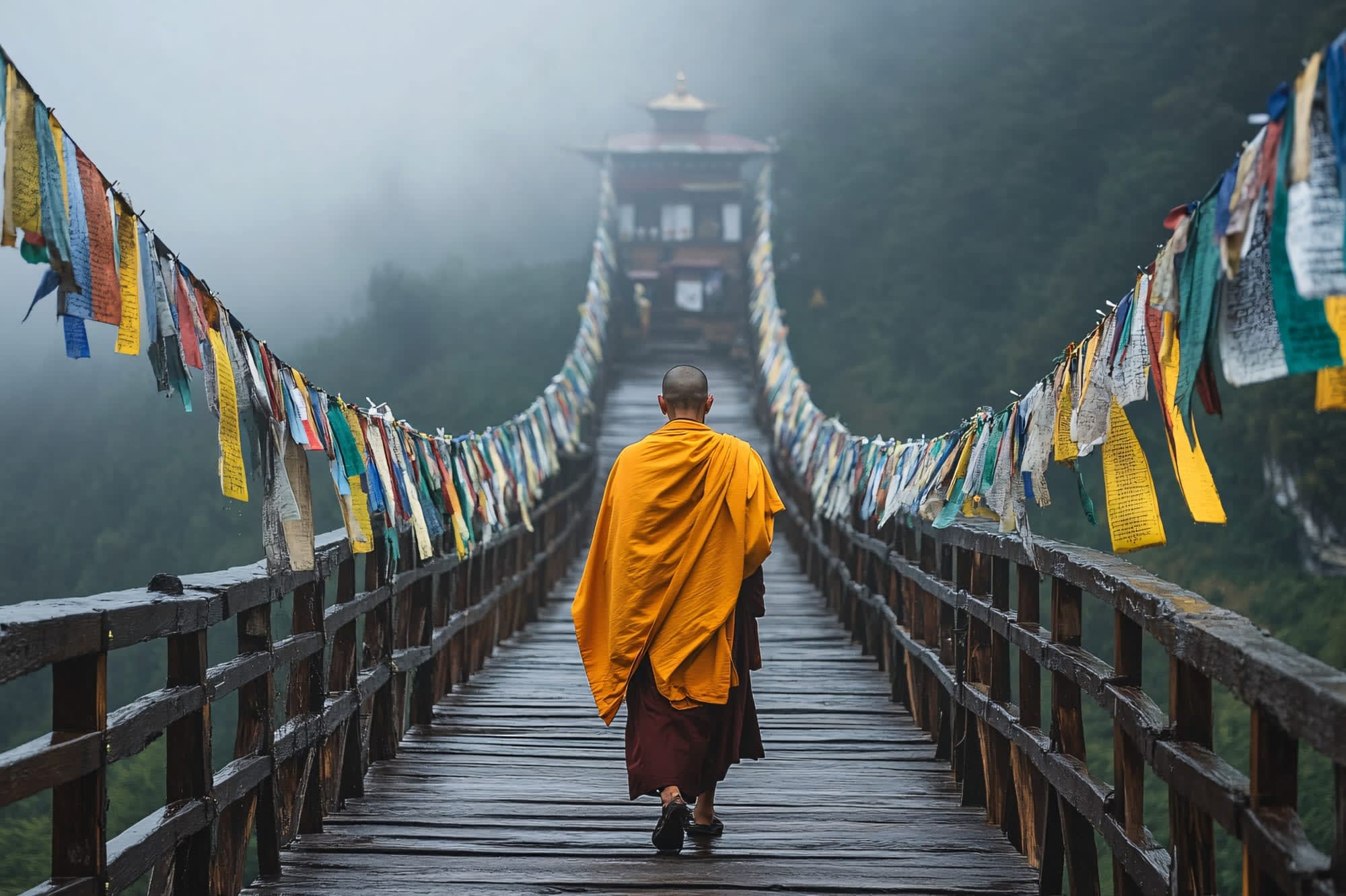 Authentisches Bhutan von Ost nach West ab Paro: Bhutan Monk auf einer Brücke mit Gebetsflaggen