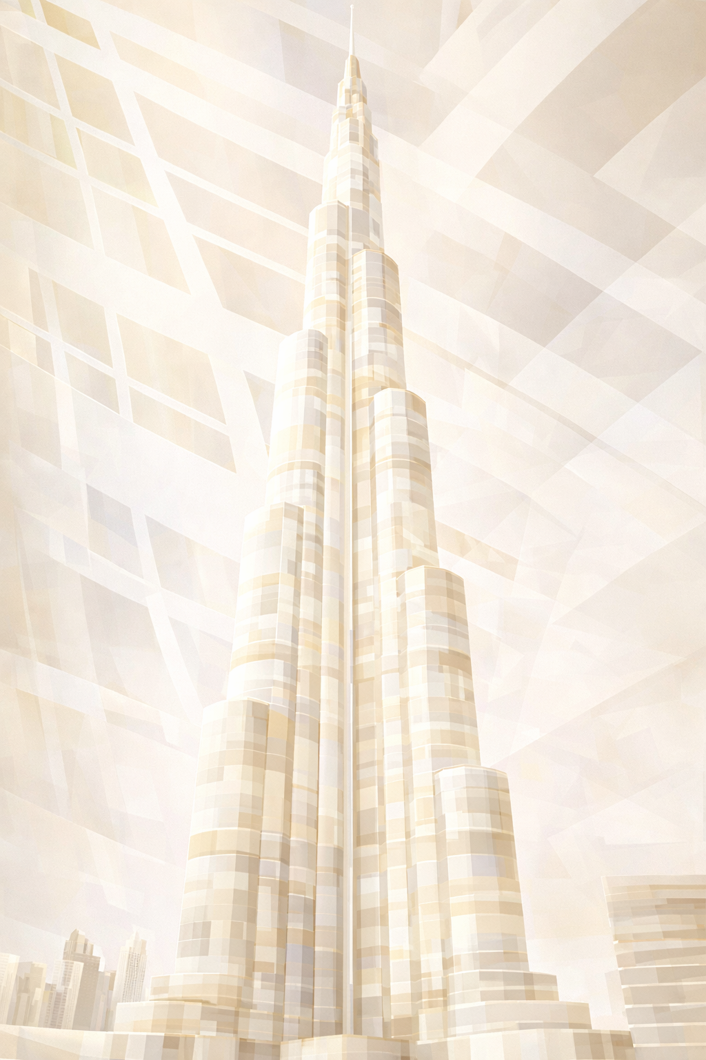 Stylized abstract depiction of a tall, modern skyscraper with a spire, set against a geometric patterned sky.