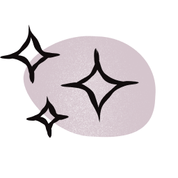 Drie zwarte glitter- of fonkelende sterren op een lila ovale achtergrond.