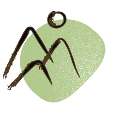 Gestileerde afbeelding van bergtoppen met een cirkelvormige zon erboven, geplaatst op een groene vlek.