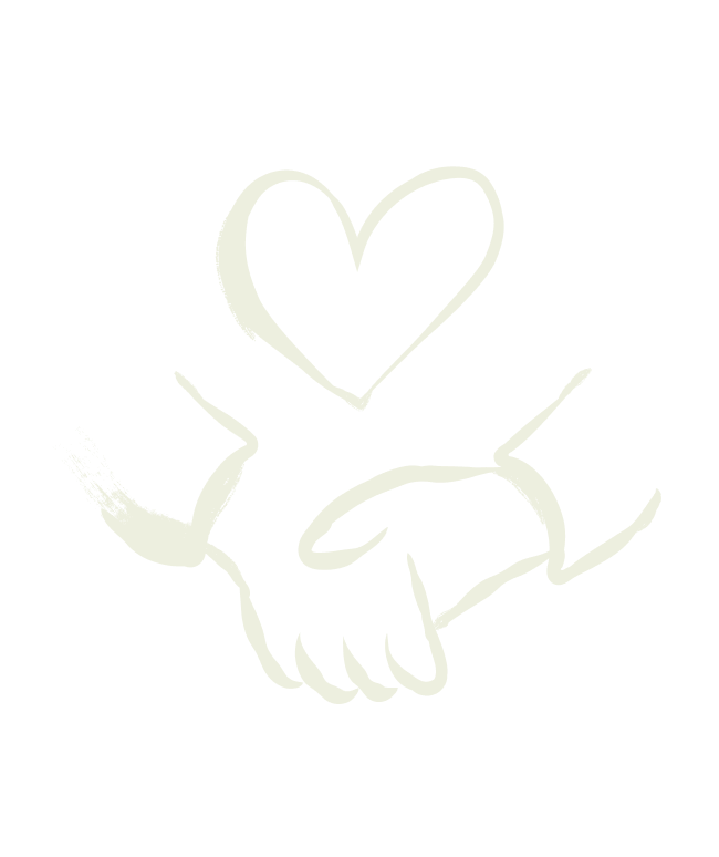 Abstract tekening van twee handen die elkaar vasthouden, met een hart boven de handen.