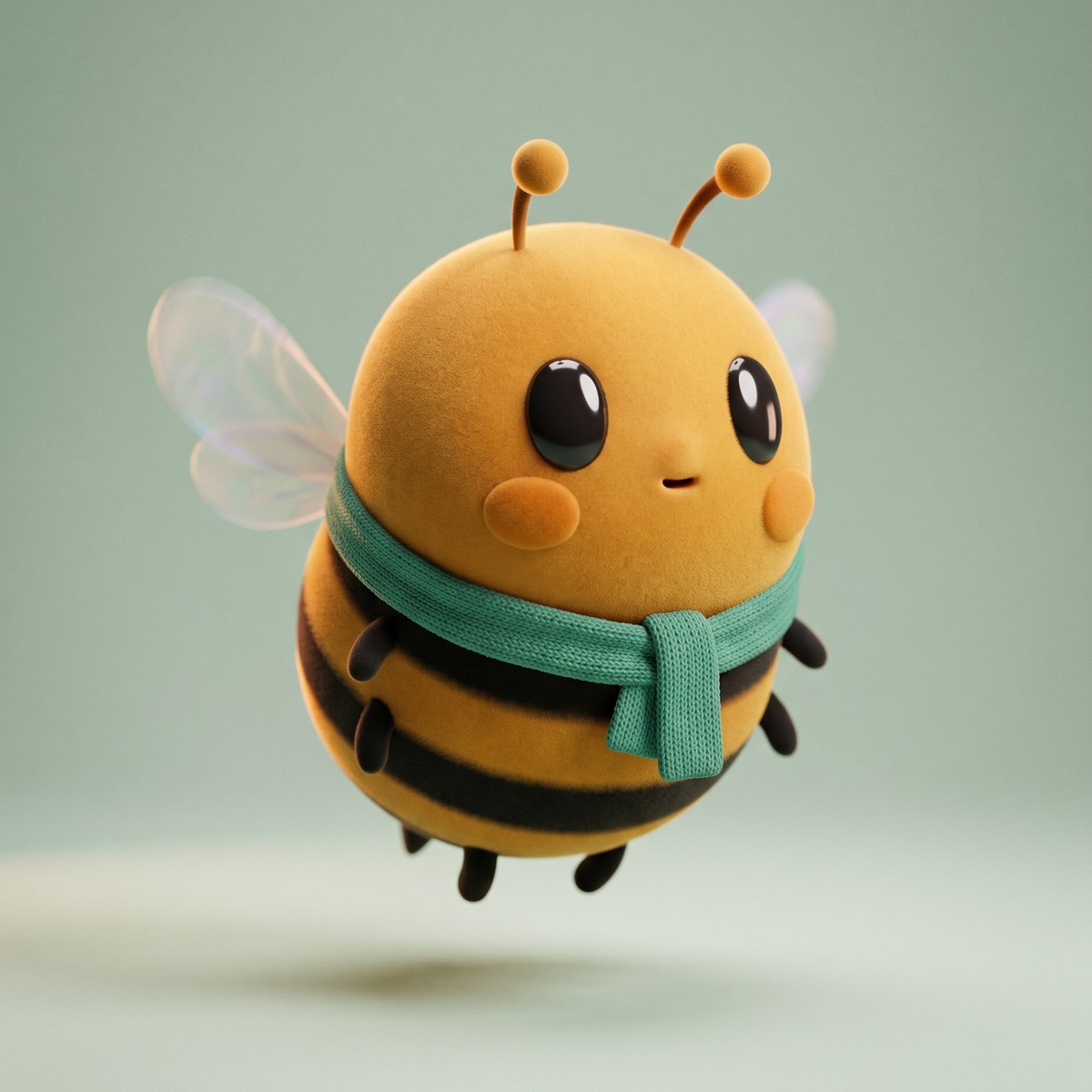 Waggle, a round fuzzy bee in a green scarf