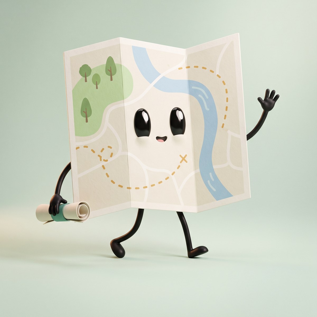 Fold, a folded paper map with thin black arms and legs