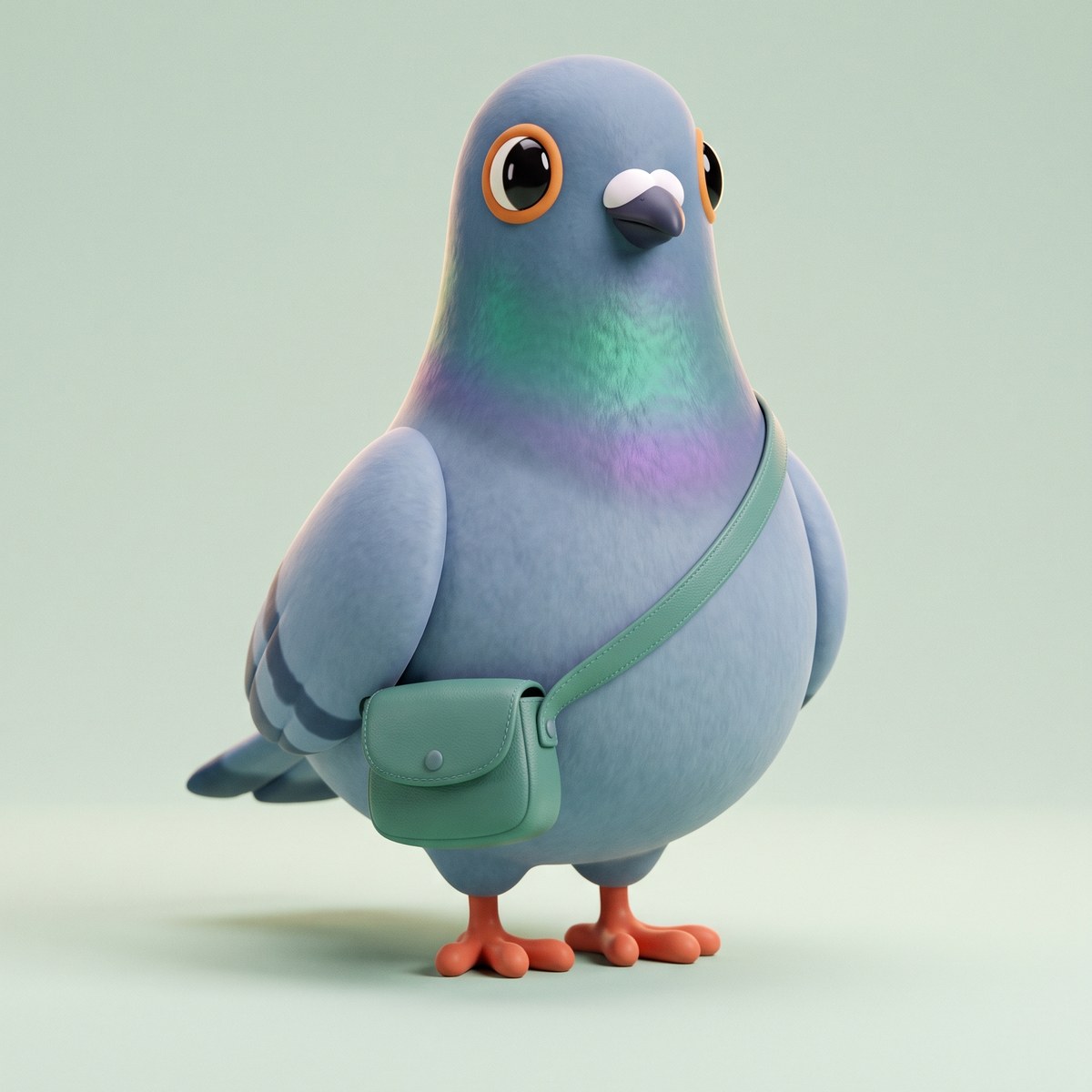 Pidge, a round blue-grey pigeon with a green satchel