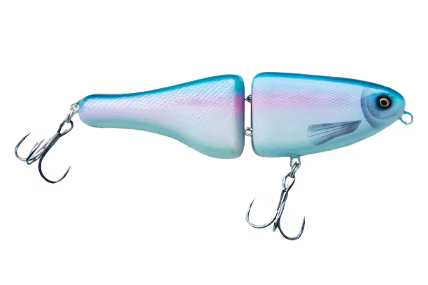 Blue and pink segmented fishing lure with two treble hooks.