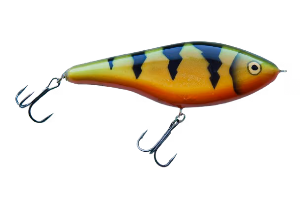 Fishing lure shaped like a small fish with yellow, orange, and black stripes and two treble hooks.