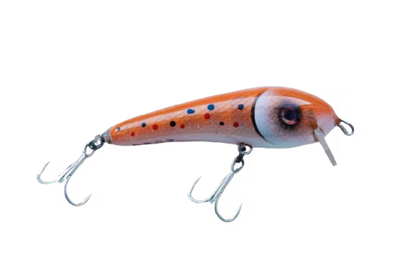 Orange fishing lure with blue and red dots and two treble hooks.