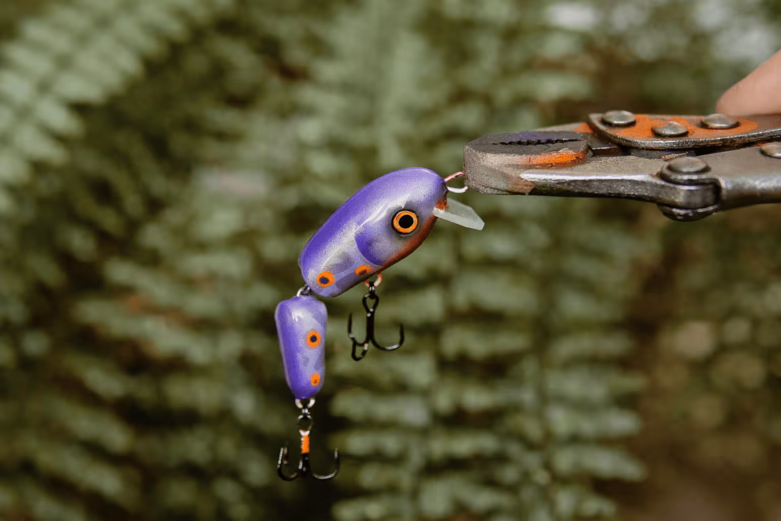 Hand holding pliers gripping a purple fishing lure with orange spots and two treble hooks against a blurred green foliage background.