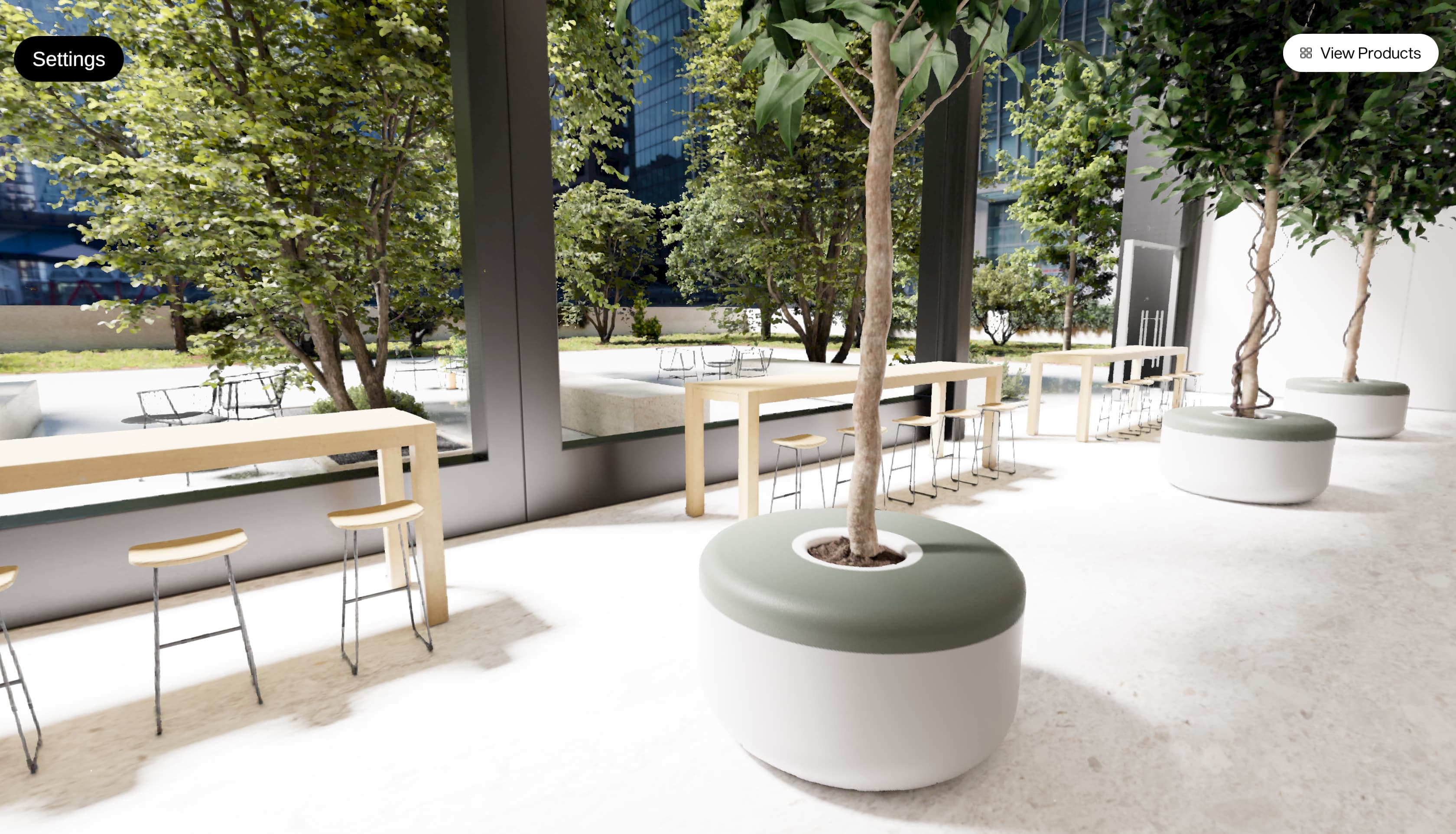 Vshop ultra-realistic 3D store with trees and product display, built in real-time 3D by Wide VR