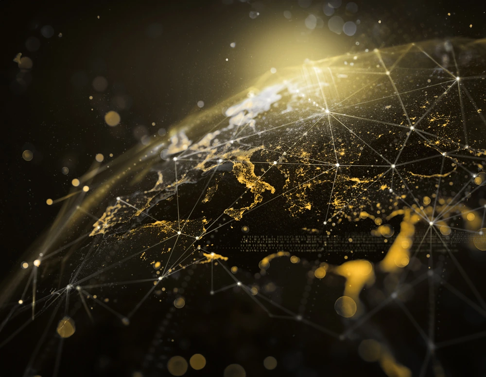 Digital stylized globe focused on Europe and parts of surrounding regions, illuminated with golden network connections and glowing points representing data or communication links.