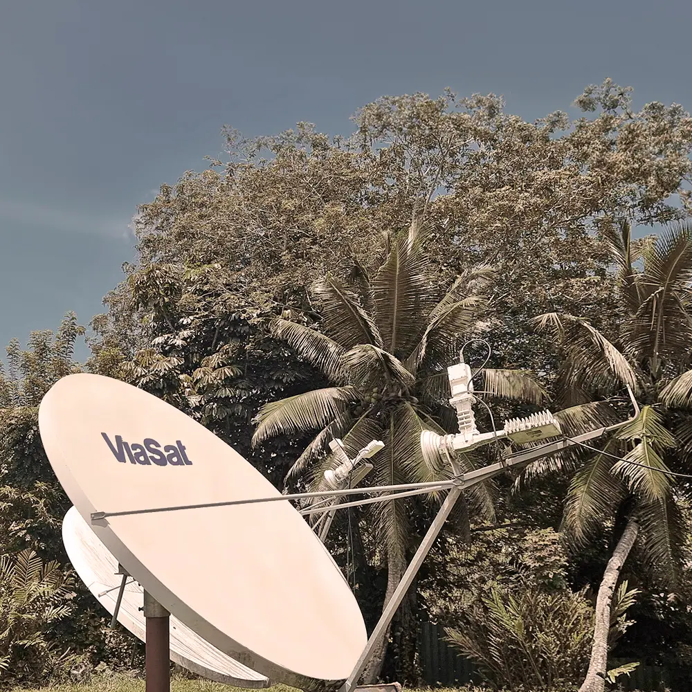 Large ViaSat satellite dish outdoors with tropical trees including palm trees in the background under a clear sky.