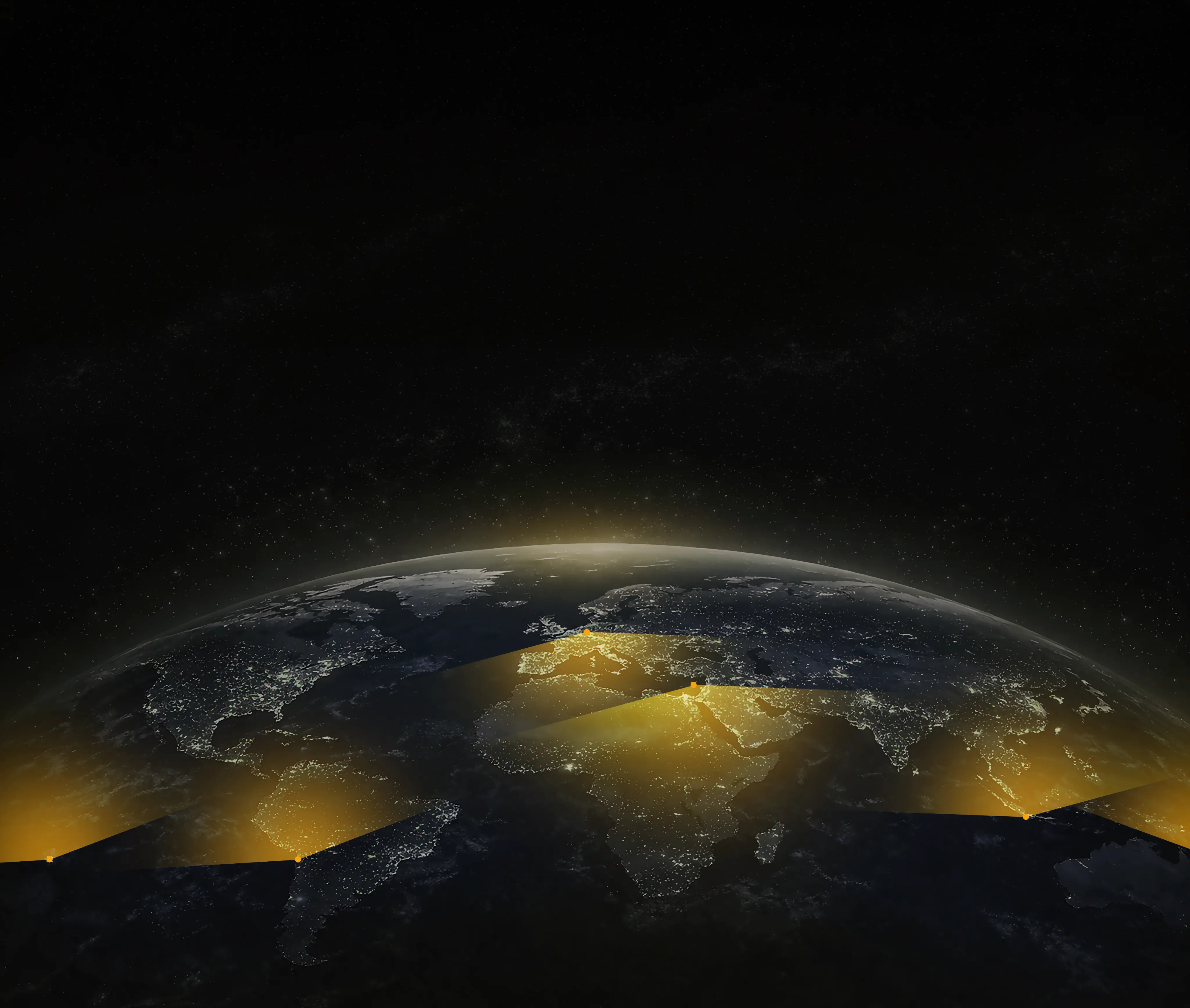 View of Earth at night from space showing illuminated cities in Europe, Africa, and parts of Asia with four yellow beams of light connecting different points on the globe.